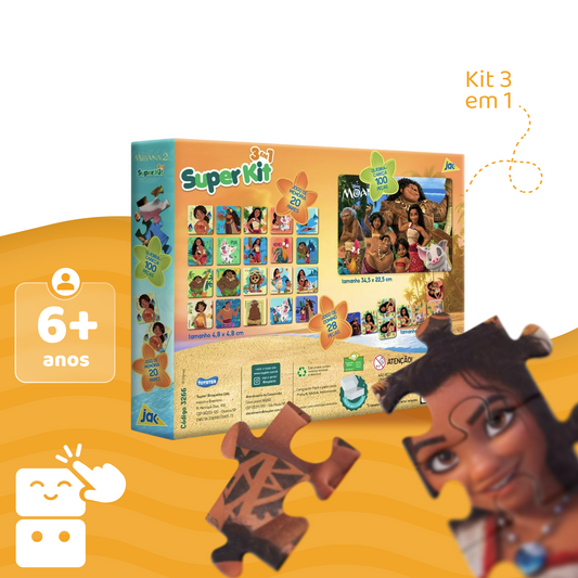 Moana 2 - Kit 3 em 1 - Quebra Cabeça + Jogo da Memória + Dominó