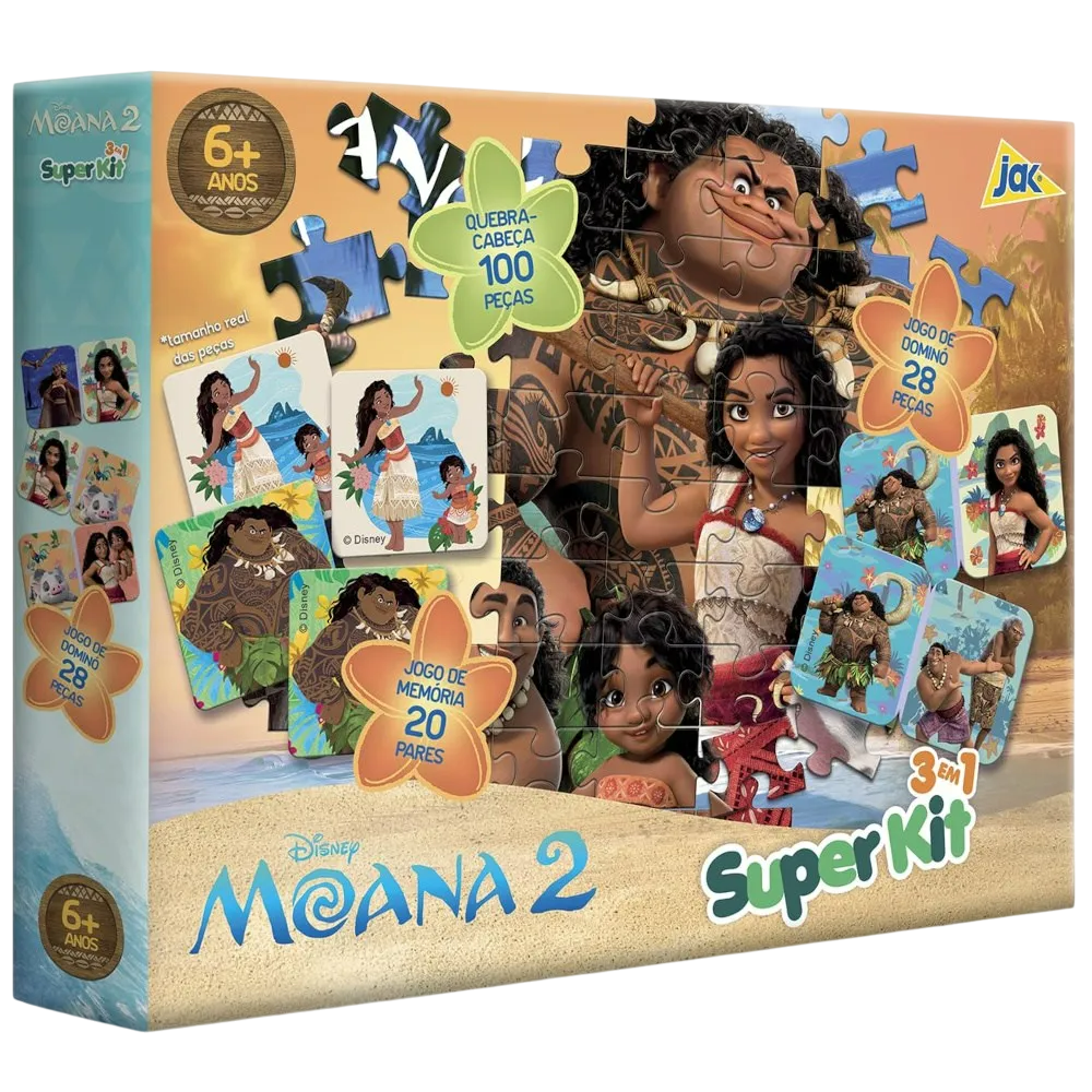 Moana 2 - Kit 3 em 1 - Quebra Cabeça + Jogo da Memória + Dominó - A minha loja