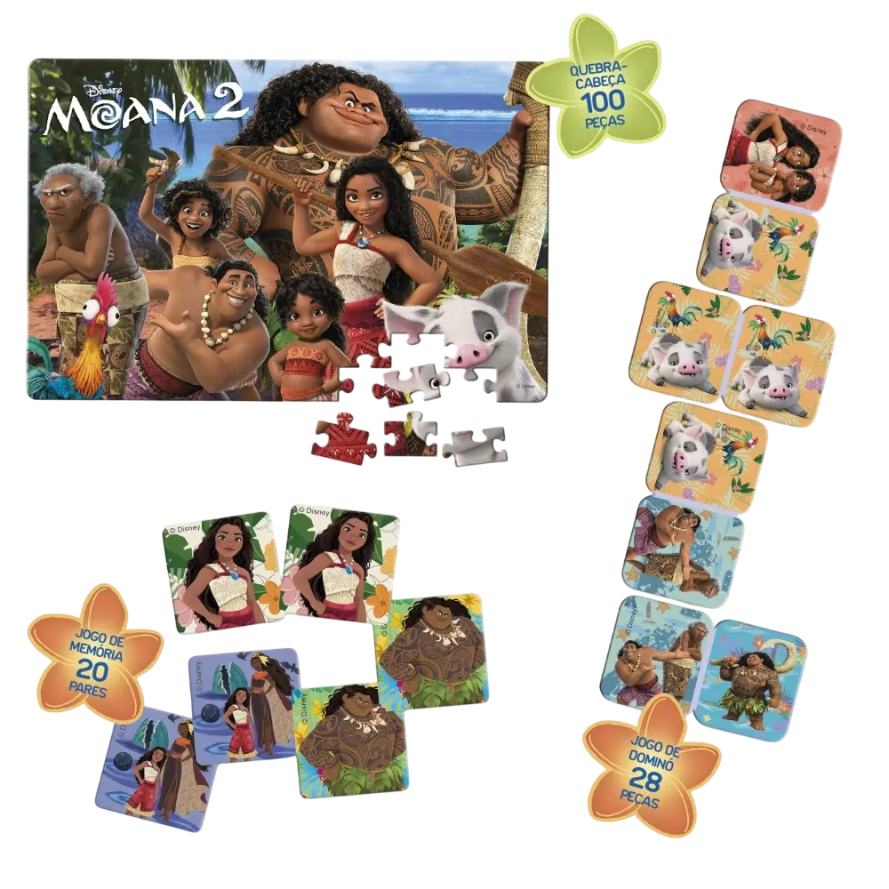 Moana 2 - Kit 3 em 1 - Quebra Cabeça + Jogo da Memória + Dominó - A minha loja