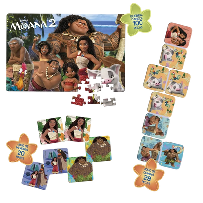 Moana 2 - Kit 3 em 1 - Quebra Cabeça + Jogo da Memória + Dominó - A minha loja