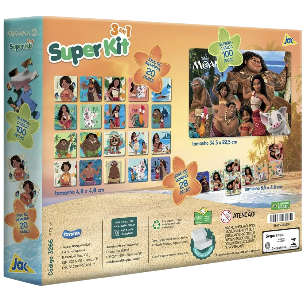 Moana 2 - Kit 3 em 1 - Quebra Cabeça + Jogo da Memória + Dominó - A minha loja