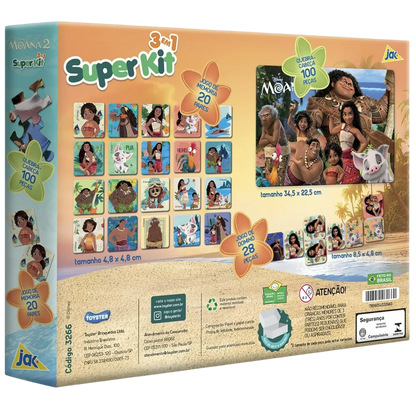 Moana 2 - Kit 3 em 1 - Quebra Cabeça + Jogo da Memória + Dominó - A minha loja