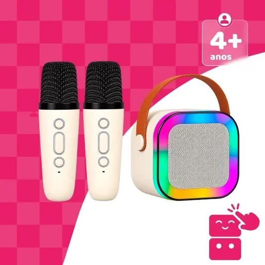 Karaokê Infantil Portátil com 2 Microfones Recarregável (Rosa)