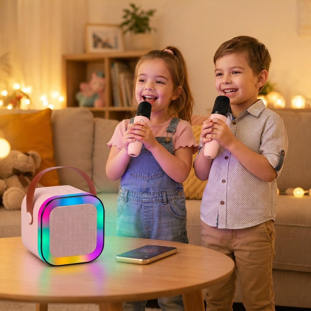 Karaokê Infantil Portátil Rosa com 2 Microfones - ambientada_01.jpg