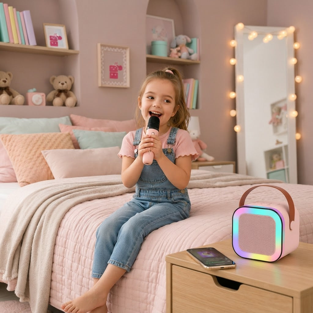 Karaokê Infantil Portátil Rosa com 2 Microfones - ambientada_02.jpg