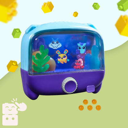 Aquário virtual portátil azul e roxo com pets pixelados na tela, visto de frente