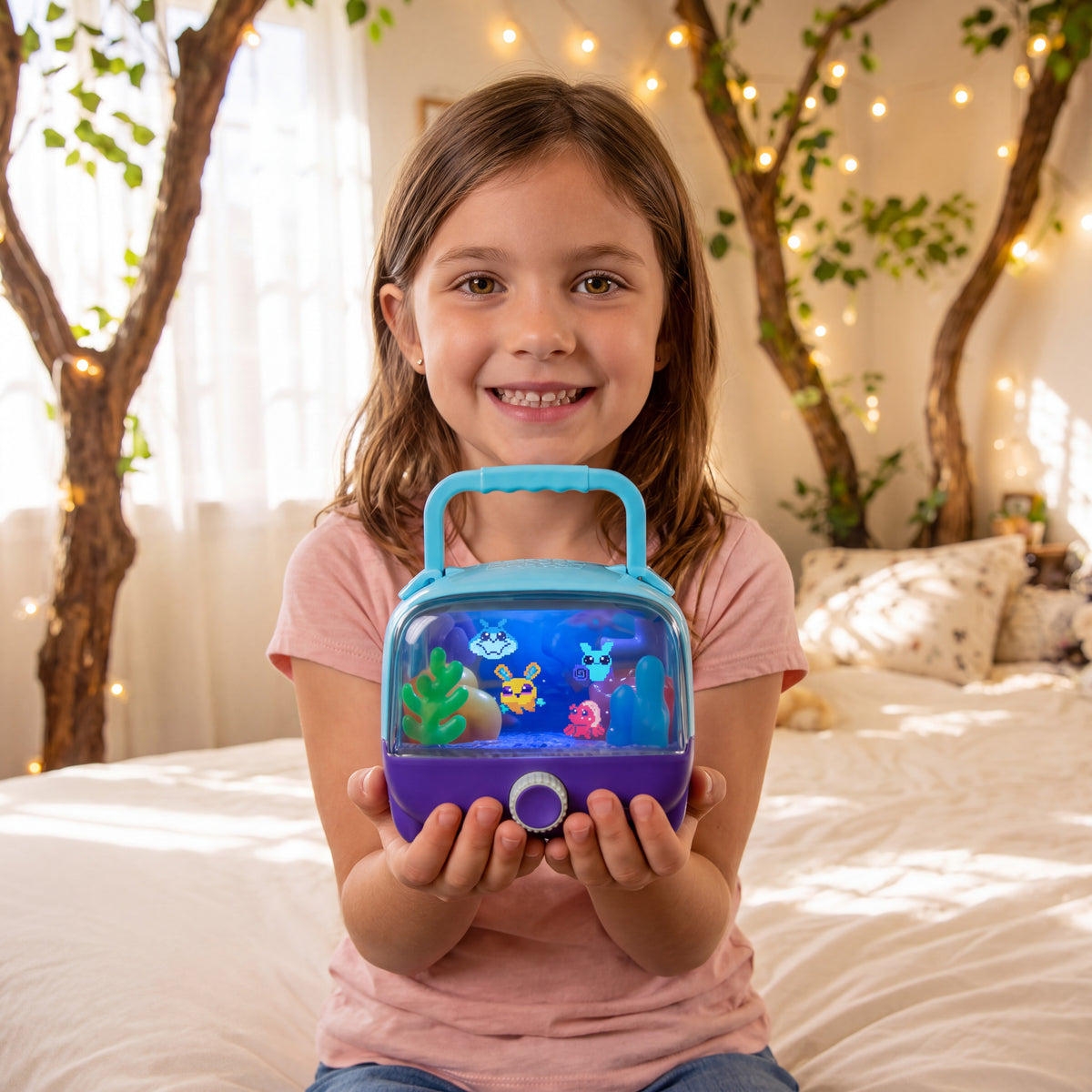 Menina de cabelos castanhos e olhos cor de mel segurando o aquário virtual na cama de um quarto com árvores e luzes de fada