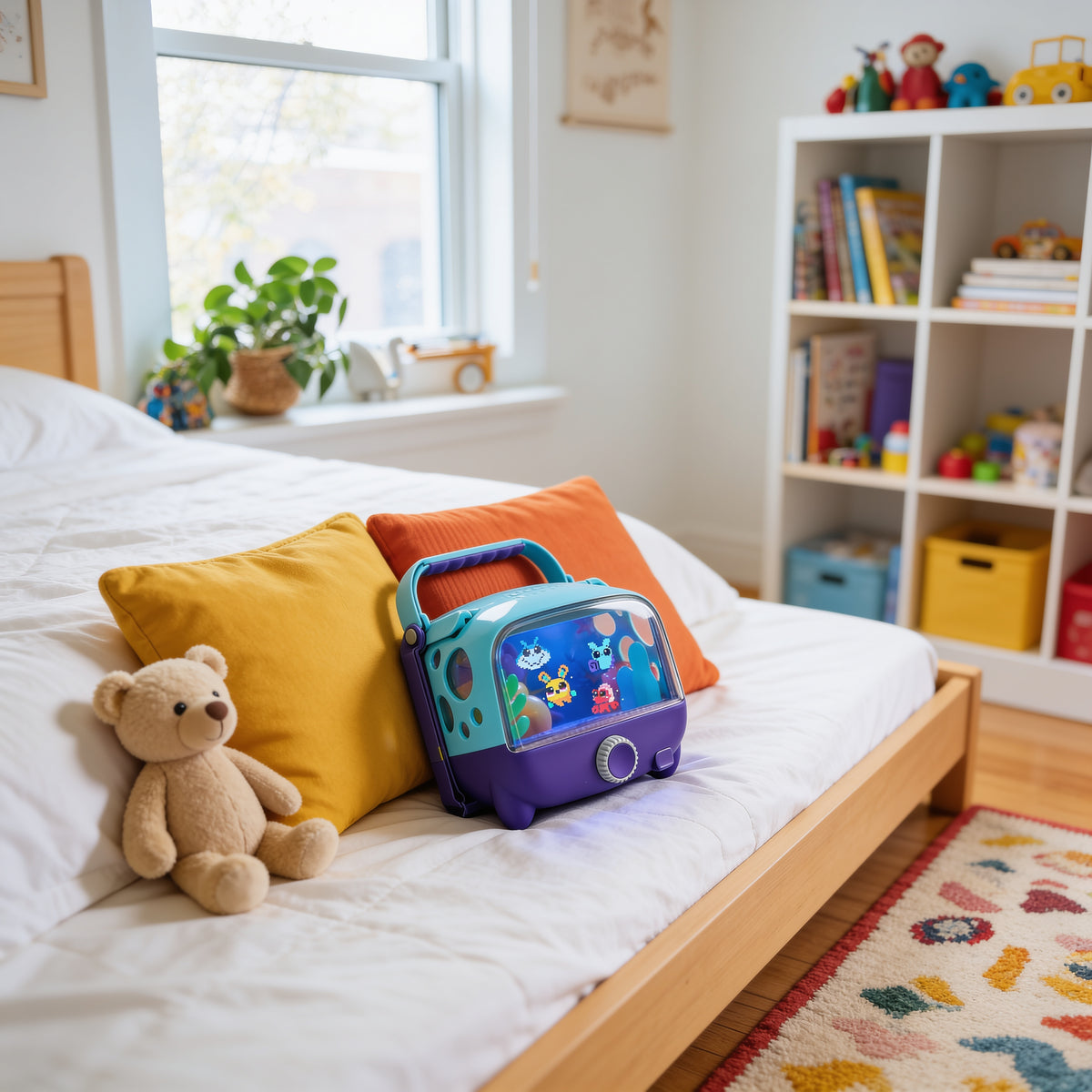 Aquário virtual sobre a cama baixa de um quarto infantil, entre almofadas coloridas e um ursinho